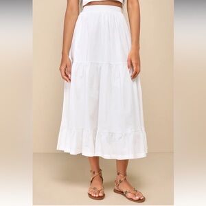 LULU’S Daytime Perfection White Cotton Tiered Midi Skirt XS